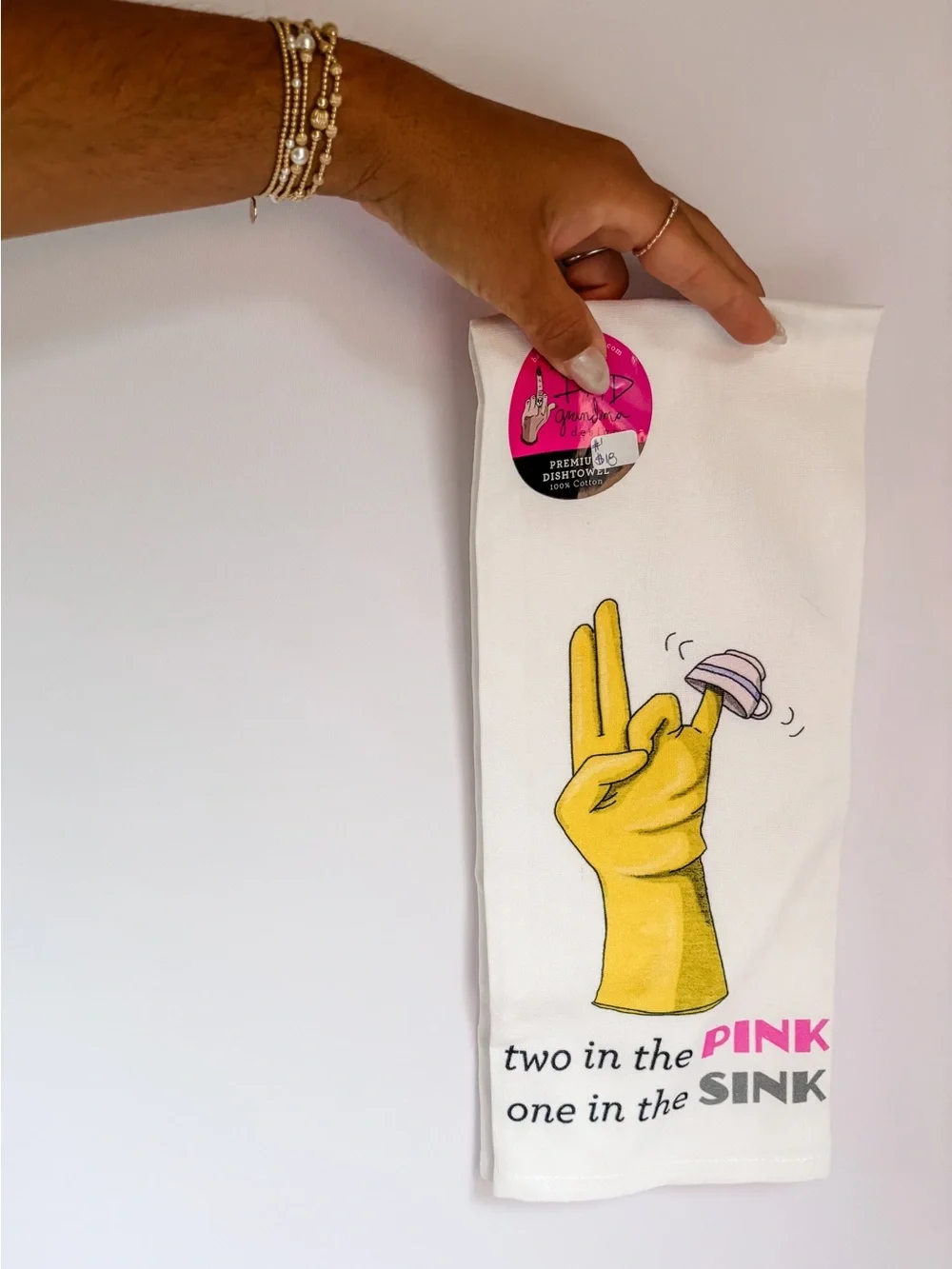 Funny Kitchen Towel with Yellow Glove and Pink Accent